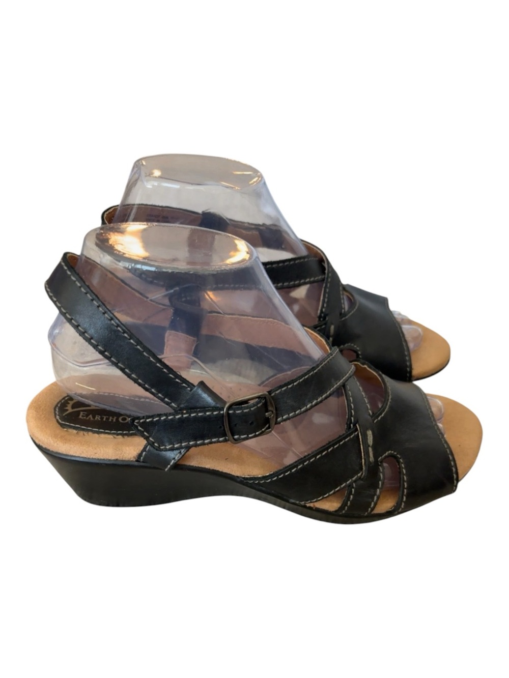 Earth Origins Brandy Black Leather Comfort Wedge Sandals Women’s 8 .5  Wide